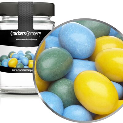 Cacahuètes colorées en chocolat, cacahuètes jaunes, vertes et bleues PU avec 45 pièces. toi. Contenu de 110 g par pièce.