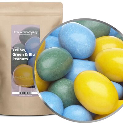 Arachidi di cioccolato colorate, arachidi gialle, verdi e blu in PU con 8 pezzi. u. Contenuto 750 g per pezzo.