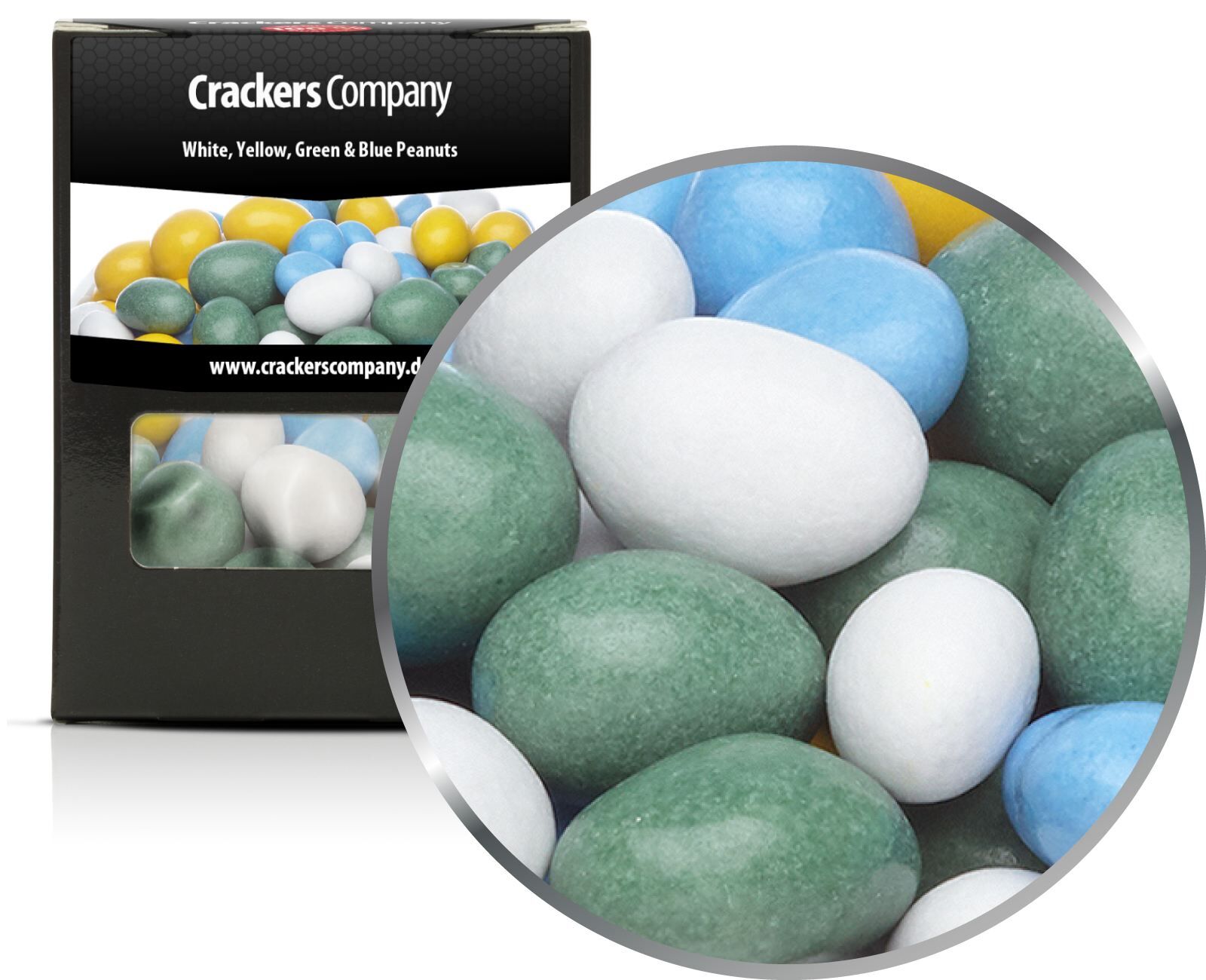 Arachidi di cioccolato colorate Arachidi bianche, gialle, verdi e blu. Confezione da 32 pezzi. u. 110 g