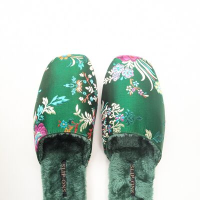 Luxury Embroidered Silk Slippers for Women – Soft Faux Fur Lining - Green