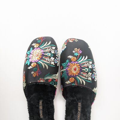 Pantuflas de seda para mujer – Acogedoras, forradas en piel sintética - Negras
