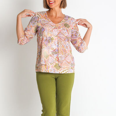 3672020 - ENSEMBLE SIMILI TRICOT ET MOUSSELINE DE SOIE IMPRIMÉE À MANCHES 3/4