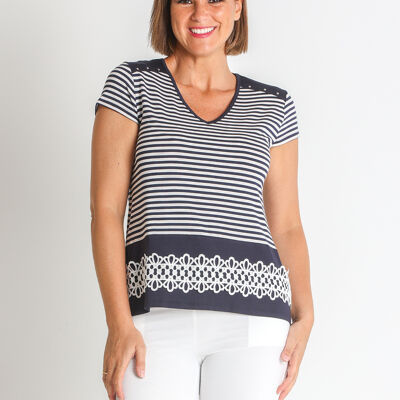 3675040 - T-SHIRT À RAYURES EN VISCOSE AVEC DÉCOUPE EN DENTELLE