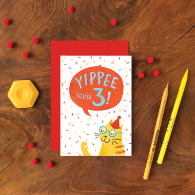 Biglietto di auguri singolo gatto di tre anni