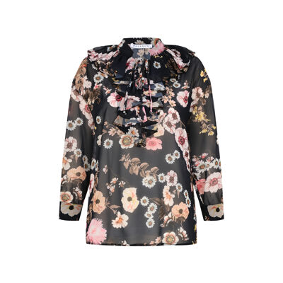 FRN LINE – Camicetta in chiffon con scollo a balze e motivo floreale blu navy con canotta interna per donna FRN1001
