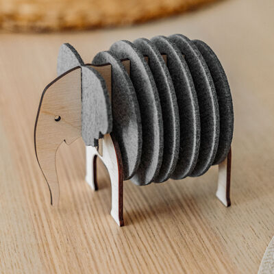 Posavasos de elefante: juego de 6 posavasos de fieltro de PET con soporte de madera. Idea de regalo única para inauguración de la casa.