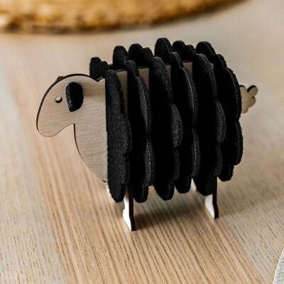Posavasos encantadores de oveja negra: juego de 6 posavasos de fieltro de PET con soporte de madera. Idea de regalo única para inauguración de la casa.