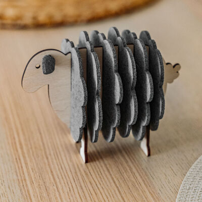 Charming Grey Sheep Coasters - set of 6 PET felt coasters with wooden holder - Unique Housewarming Gift Idea