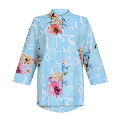FRN LINE – Blue Typographic Floral Oversized Shirt for Women FRN10101