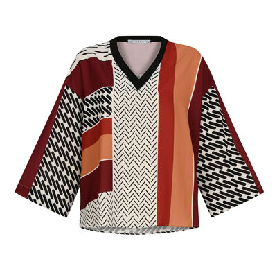 FRN LINE – Red Patterned V-Neck Wide Sleeve Blouse for Women FRN1103
