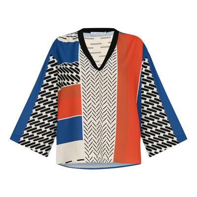 FRN LINE – Blue Patterned V-Neck Wide Sleeve Blouse for Women FRN1103