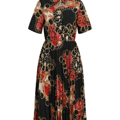 FRN LINE – Black Printed Pleated Shirt Dress for Women FRN3005