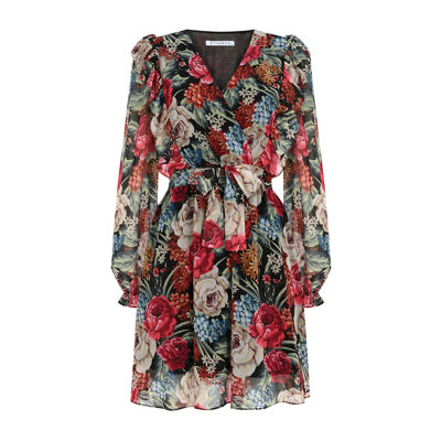 FRN LINE – Robe portefeuille en mousseline de soie noire à fleurs pour femme FRN30380