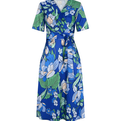 FRN LINE – Robe portefeuille en satin bleu à imprimé floral audacieux pour femme FRN30383