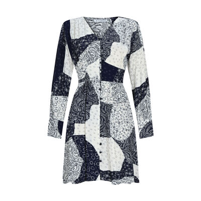 FRN LINE – Mini-robe blanche à manches longues et imprimé patchwork pour femme FRN30385