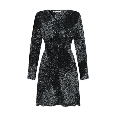 FRN LINE – Mini-robe noire à manches longues et imprimé patchwork pour femme FRN30385