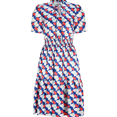 FRN LINE – Robe midi bleue à manches courtes et imprimé géométrique pour femme FRN30389
