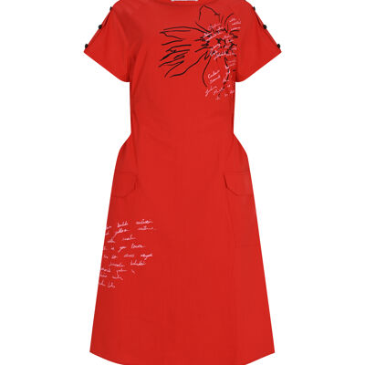 FRN LINE – Robe mi-longue rouge à imprimé floral et poches pour femme FRN30398