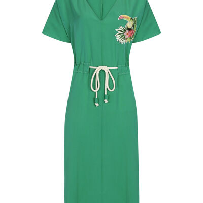 FRN LINE – Robe mi-longue verte brodée tropicale à col en V pour femme FRN30399