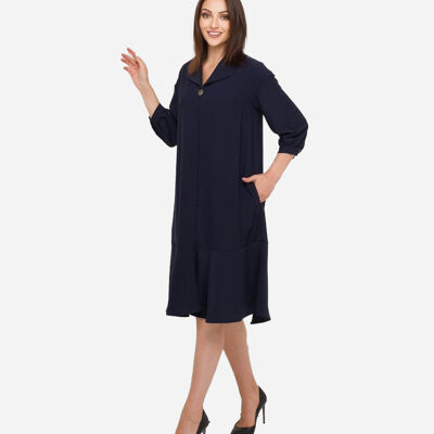 FRN LINE – Robe bleu marine à col en V et boutons bijoux pour femme