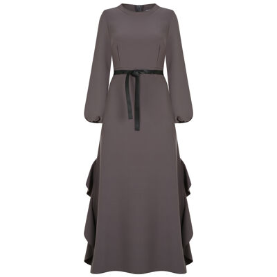 FRN LINE – Robe mi-longue évasée grise à manches longues et empiècements à volants pour femme FRN3104