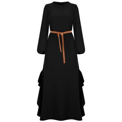 FRN LINE – Robe midi évasée noire à manches longues et empiècements à volants pour femme FRN3104