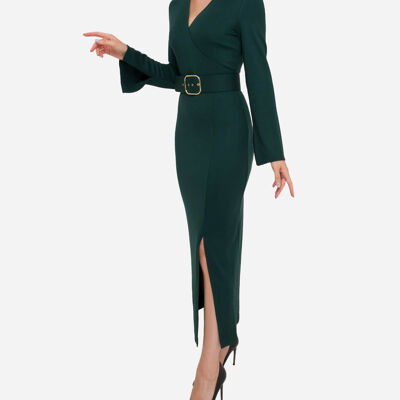 FRN LINE – Robe mi-longue en tricot vert avec ceinture pour femme FRN3117