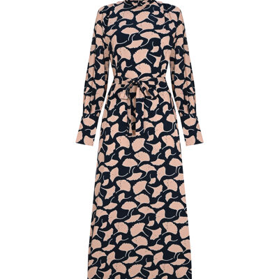 FRN LINE – Robe longue ceinturée à col montant et imprimé crème pour femme FRN3118