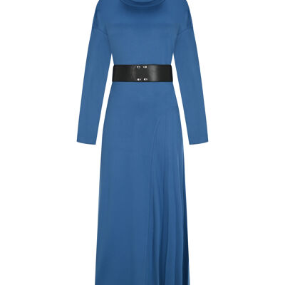 FRN LINE – Robe en maille bleue avec large ceinture et empiècement plissé pour femme FRN3135