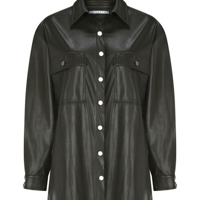 FRN LINE – Green Faux Leather Button-Up Shirt for Women FRN6108
