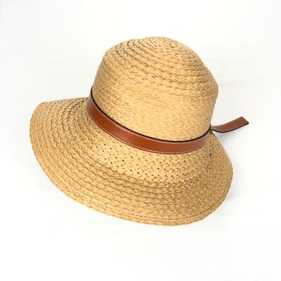 Cappello di paglia con tesa larga e nastro di pelle