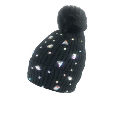 Cappello con risvolto decorato con strass e pompon