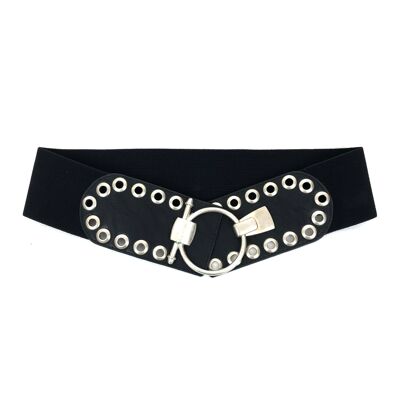 Wide belt with metal eyelets and ring clasp