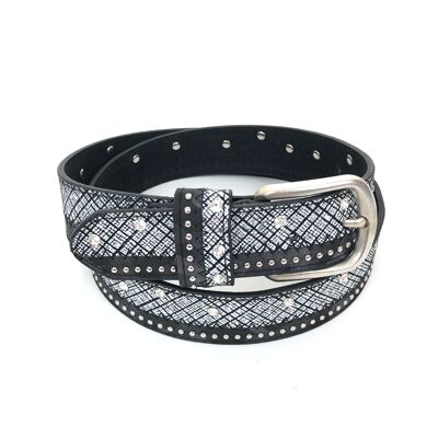 Cintura con motivo a griglia, strass e borchie metalliche