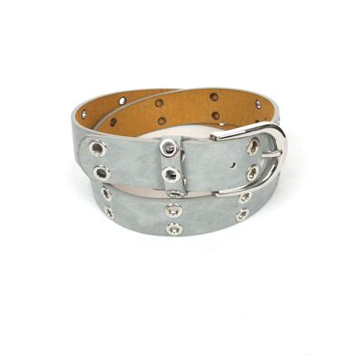 Belt with metal eyelets and silver buckle