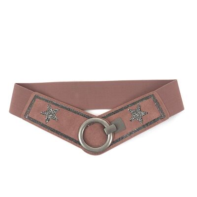 Elasticated belt with round buckle and rhinestone stars