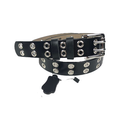Belt with metal eyelets and double silver buckle