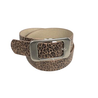Leopard print belt with rectangular silver metal buckle