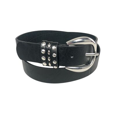 Belt with shiny metal buckle and decorative studded loops
