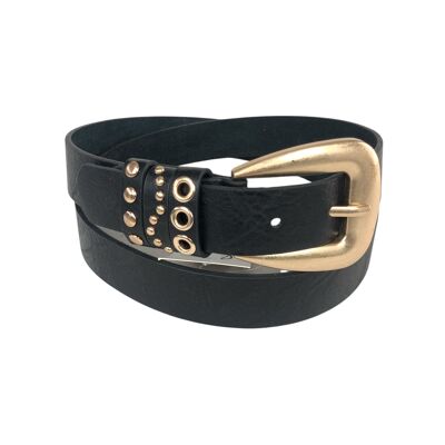 Belt decorated with studded loops and metal eyelets with a striking gold buckle in a tapered design