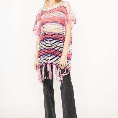 Paréo ajouré à rayures multicolores et franges