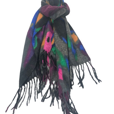 Multicolored abstract print scarf with fringes
