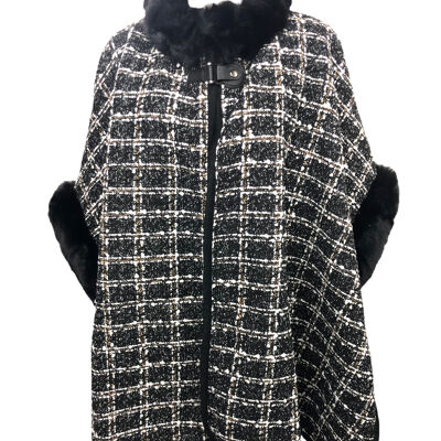 Mantella a quadri in stile tweed con collo in pelliccia sintetica