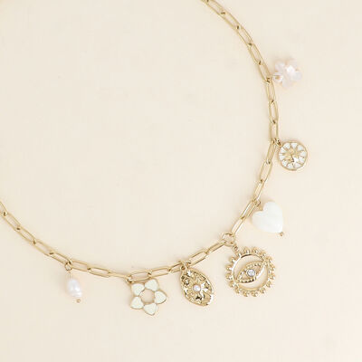 Collier - fleur en émail, soleils, coeur nacré, oeil, perle d'eau douce