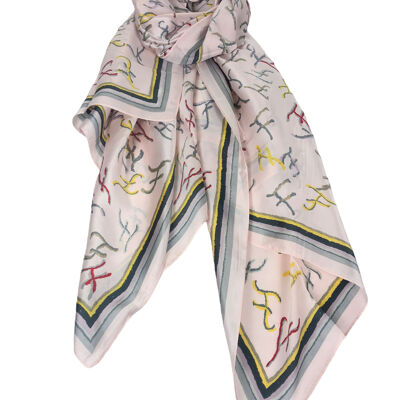 Scarf with abstract patterns and geometric border
