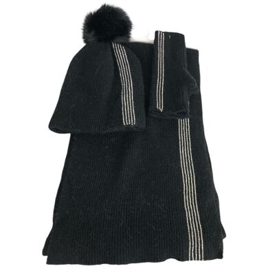 Conjunto de gorro, guantes y bufanda con pompón y rayas de pedrería