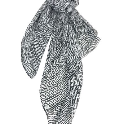 Foulard brillant à motif grec géométrique et finition frangée