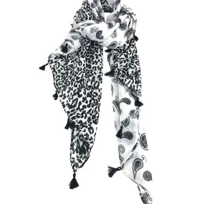 Leopard and paisley pattern scarf with matching pom poms