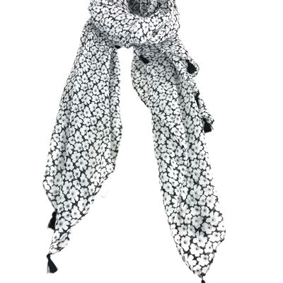 Scarf with small flowers and decorative pompoms