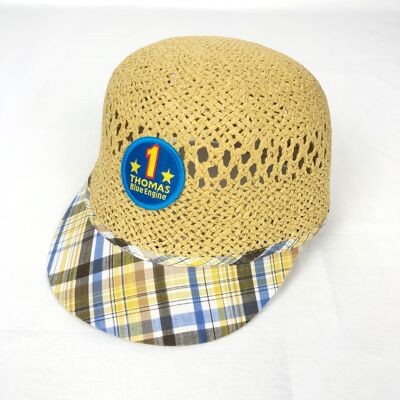 Gorro de bebé en paja calada con visera de cuadros